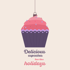 Merry Christmas Vintage Retro Typography Lettering Design Greeting Card with toy candy.Vintage cupcake poster design