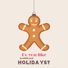 Merry Christmas Vintage Retro Typography Lettering Design Greeting Card with toy candy cookie, Gingerbread