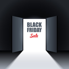 Black Friday Sale Background with Open Doors. Vector