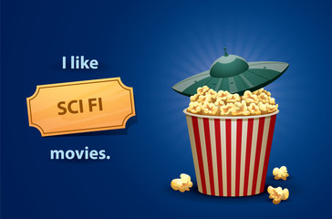 Vector Sci Fi movies. Cartoon image of a red and white popcorn bucket with grey metallic spaceship on top, symbolizing a Sci Fi movies on a bright blue background. 