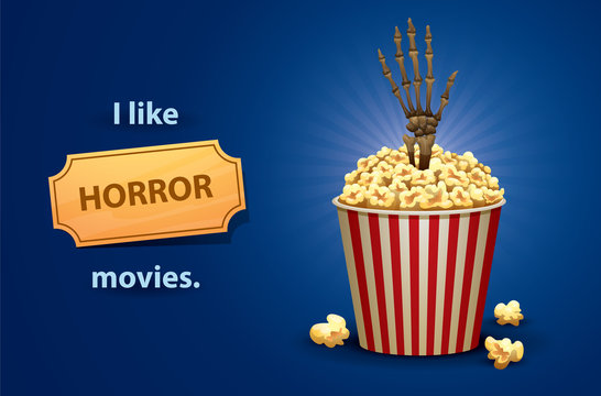 Vector Horror movies. Cartoon image of a red and white bucket of popcorn with light brown skeleton hand to gets out of it, symbolizing a horror movies, on a bright blue background. 