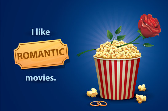 Vector Romantic movies. Cartoon image of a red and white popcorn bucket with a red rose on a green stem on top and two gold rings next to, symbolizing a romantic movies, on a bright blue background. 
