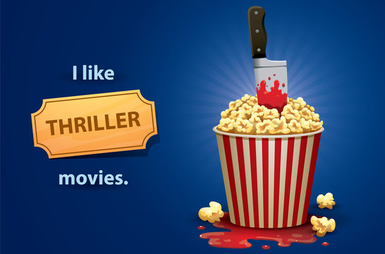 Vector cartoon image of a red and white bucket of popcorn with a knife stained in blood to thrust to it and puddle of  blood under it symbolizing the thriller movies on a bright blue background. 