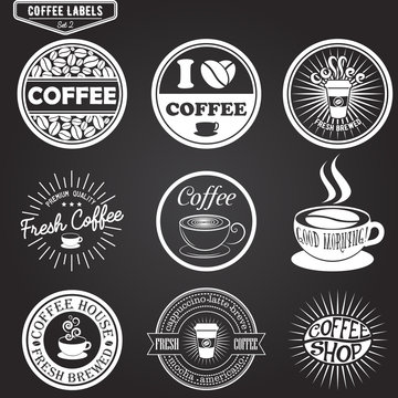 Set of coffee labels, design elements, emblems and badges. Isolated vector illustration in vintage style