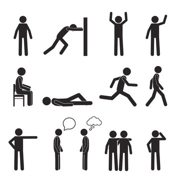 Man posture pictogram icons set. Human body action poses and figures. Vector illustration isolated on white background