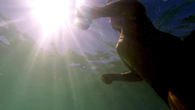 Diver scuba shell collecting. SLOW MOTION Underwater 