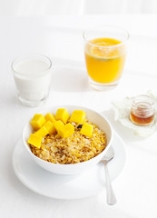 Healthy breakfast. Corn flakes, muesli, granola, with fresh orange juice
