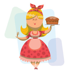 Vector cartoon image of a cute housewife with blond hair in a pink dress with polka dots and a pink bandana with brown cake in her hand on a light background.