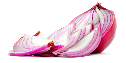 Red onion half with purple chopped slices isolated on white