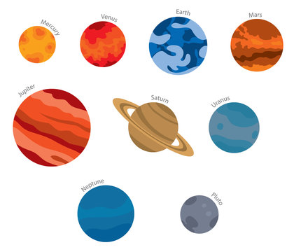 Vector flat image of the planets of the solar system: orange Mercury, red Venus, blue Earth, red Mars, red Jupiter, beige Saturn, blue Uranus, blue Neptune and gray Pluto on a white background.