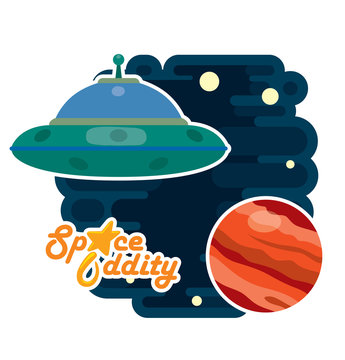 Vector Space cover, Jupiter. Cartoon Image Space Cover: the red planet Jupiter, blue-green spaceship and orange lettering "Space Oddity" on a dark blue star background. 