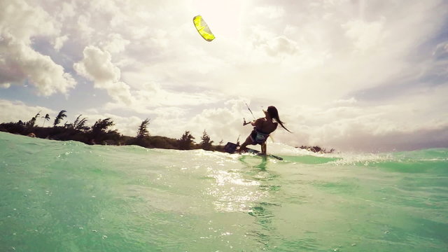 Young Woman Kite Surfing in Bikini. Extreme Summer Sport in Slow Motion. Fun In the Ocean.