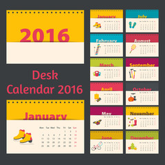 Desk calendar 2016. Flat style with seasonal illustrations.