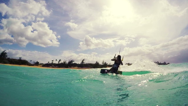 Girl Kite Boarding in Bikini. Extreme Summer Sport in Slow Motion. Fun In the Ocean.