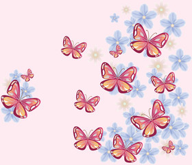 Colorful Butterfly and Flowers Background. Vector
