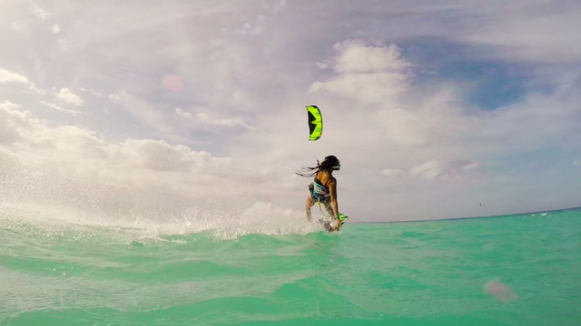 Young Woman Kitesurfing in Ocean. Extreme Summer Sport HD. Slow Motion.