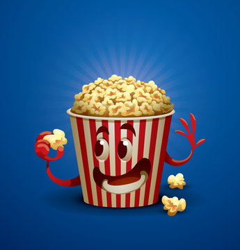 Vector Happy Popcorn Bucket. Image of red and white striped happy bucket filled with yellow popcorn on a bright blue background.
