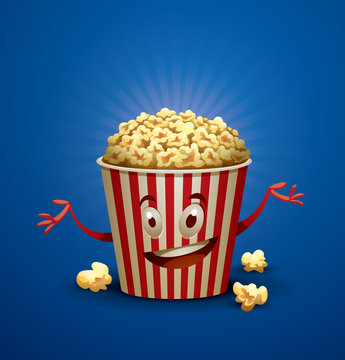 Vector Joyful Popcorn Bucket. Image of red and white striped joyful bucket filled with yellow popcorn on a bright blue background.
