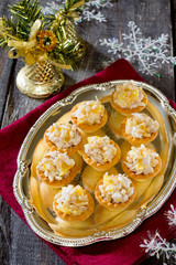 Tartlets with chicken on the eve of the New Year, selective focu