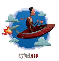 Vector cartoon image of a round blue label with white clouds with a man in a brown suit, white shirt and red tie sitting behind the wheel of a red spaceship on a white background.