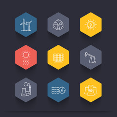 Power, energy production, energetics, electric industry, line  hexagon icons, vector illustration