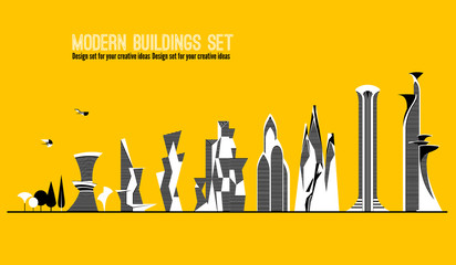 Modern skyscrapers collection. Design buildings Set for your creative ideas. Flat design style. Line Art. Black and White. Vector