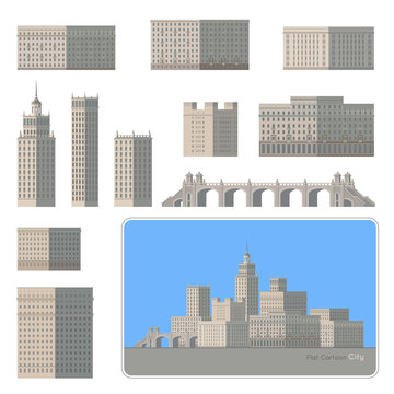 Flat Cartoon City. Modern city elements Set. Buildings, towers and a beautiful bridge. Design your own city. Vector.