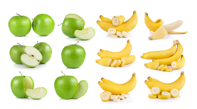 bananas and apple on white background