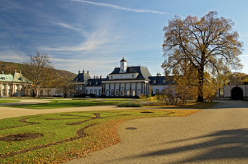 German castle in autumn.Pillnitz palace in Dresden during fall.Saxony,Germany