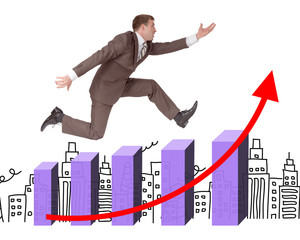 Businessman running with hand forward on chart