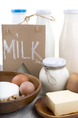 Fototapeta na wymiar dairy products labeled milk on a white background