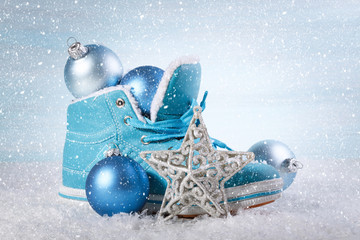 Christmas background with boots and Christmas decorations