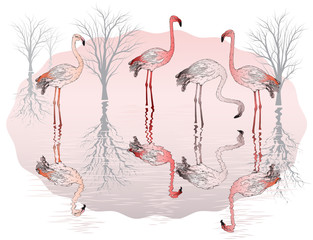 nature background with group of pink flamingo