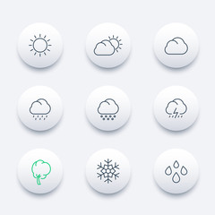 Weather, sunny, cloudy day, rain, hail, snow, wind, line round modern icons set, vector illustration