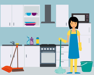 Housewife washes kitchen. Woman and cleaning tools. Vector illustration