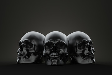 Three skull on the block. Still life render
