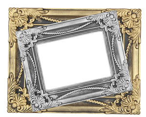 Gray and gold  picture frame with a decorative pattern on white