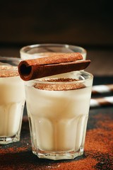 Traditional winter eggnog  with milk, rum and cinnamon, sprinkle