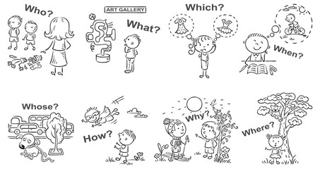 Question words in cartoon pictures, visual aid, black and white outline