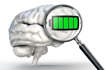 full energy symbol on magnifying glass and human brain