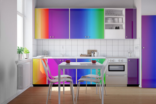 Small kitchen in rainbow colors