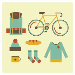 Icon set in flat style of trip outdoor objects, bag, bike, hat, socks, sweater, bread, cup. Tourism and holiday journey equipment.