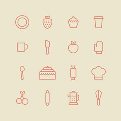 Bakery icon set. Kitchen tools background. Cake, cherry, cup, spoon, strawberry, plate, apple, cupcake on white background