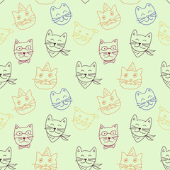 Vector colorful cats seamless pattern. Cute hand drawn animal background