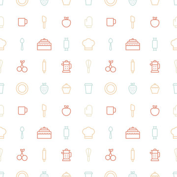Seamless bakery icons. Kitchen tools background. Cake, cherry, cup, spoon, strawberry pattern on white background