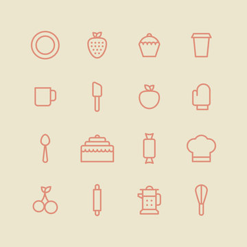 Bakery icon set. Kitchen tools background. Cake, cherry, cup, spoon, strawberry, plate, apple, cupcake on white background