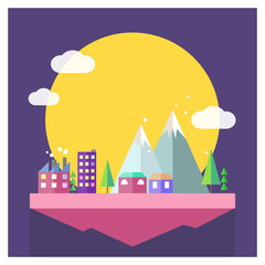 Vector flat moon city illustration. Mountain, cloud and house in minimalistic style on purple background. Magical sky island