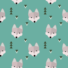 Seamless winter wolf forest pattern. Animal illustration with trees on orange background in vector