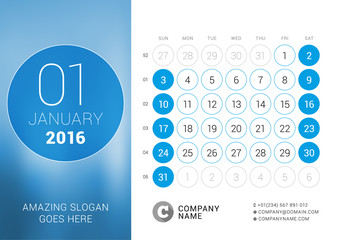 January 2016. Desk Calendar for 2016 Year. Vector Design Print Template with Place for Photo and Circles. Week Starts Sunday. Calendar Grid with Week Numbers