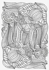 Pattern for coloring book.  Ethnic, floral, retro, doodle, vector, tribal design element. Black and white  background